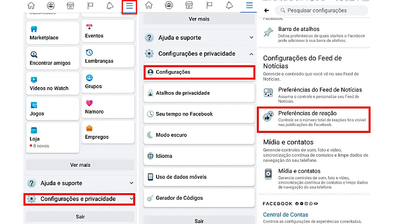 Printscreen de como chegar ao botão de que desativa as curtidas no facebook