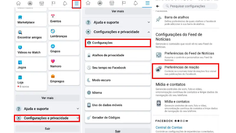 Printscreen de como chegar ao botão de que desativa as curtidas no facebook