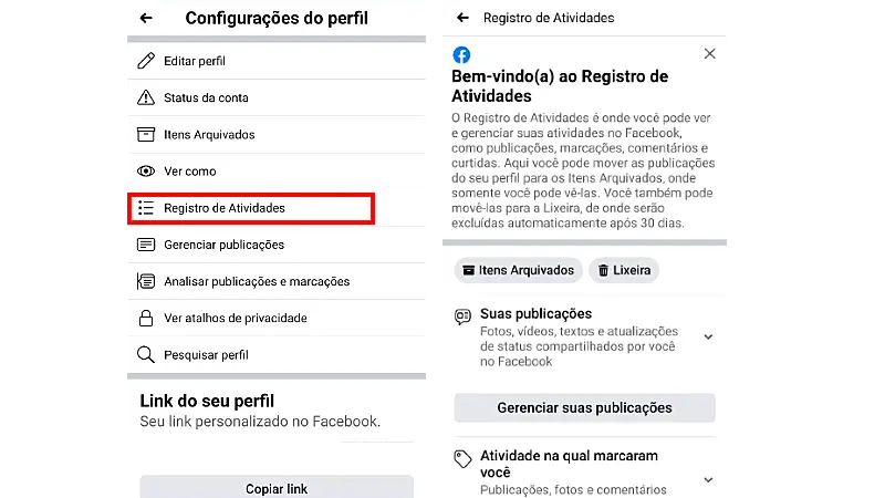 Printscreen de como chegar ao registro de atividades para ver as páginas que você curtiu