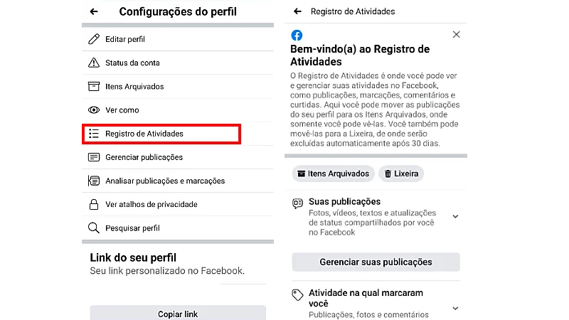 Printscreen de como chegar ao registro de atividades para ver as páginas que você curtiu