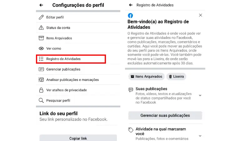 Printscreen de como chegar ao registro de atividades para ver as páginas que você curtiu