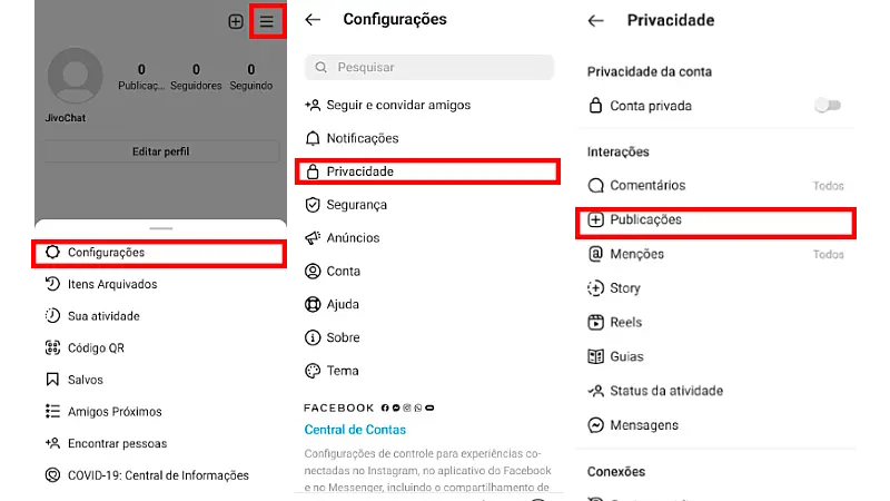 Print Screen de como desativar as curtidas de todas as publicações no Instagram