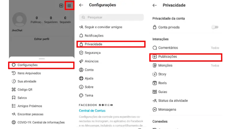 Print Screen de como desativar as curtidas de todas as publicações no Instagram