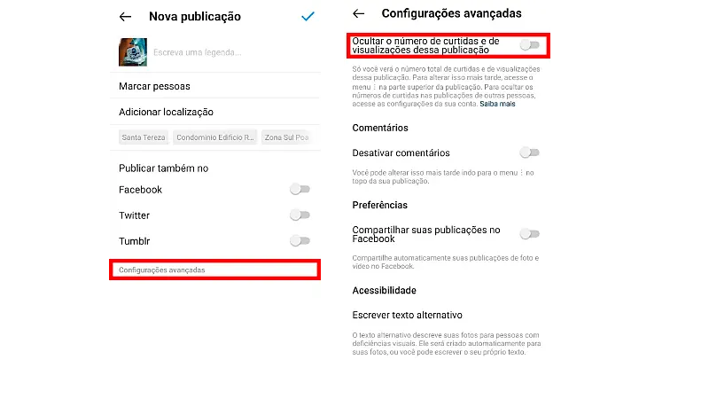 Print Screen de como desativar as curtidas de publicações novas no Instagram