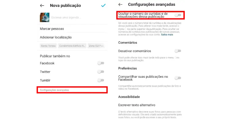 Print Screen de como desativar as curtidas de publicações novas no Instagram