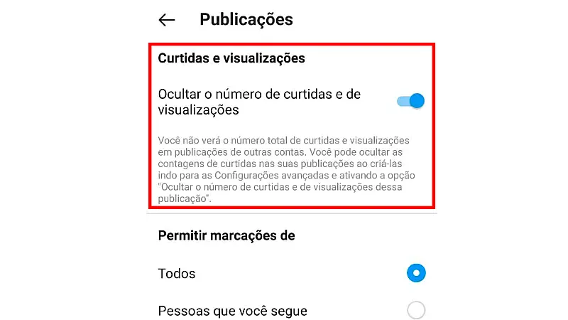 Print Screen de como desativar as curtidas de todas as publicações no Instagram, continuação.