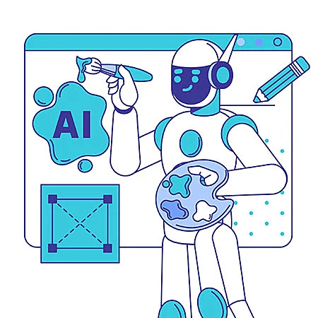A robot using a painting brush to paint "AI" in a board