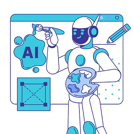 A robot using a painting brush to paint "AI" in a board
