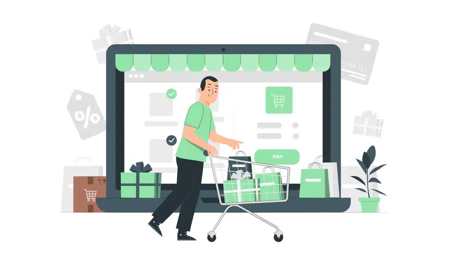 Decisión de compra Hombre con carrito de compras