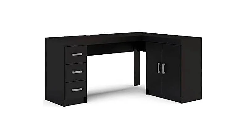 imagem de uma mesa de canto em L Espanha da Politorno na cor preta com três gavetas e dois armários