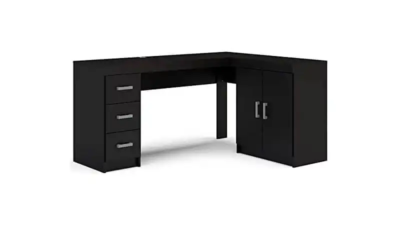 imagem de uma mesa de canto em L Espanha da Politorno na cor preta com três gavetas e dois armários