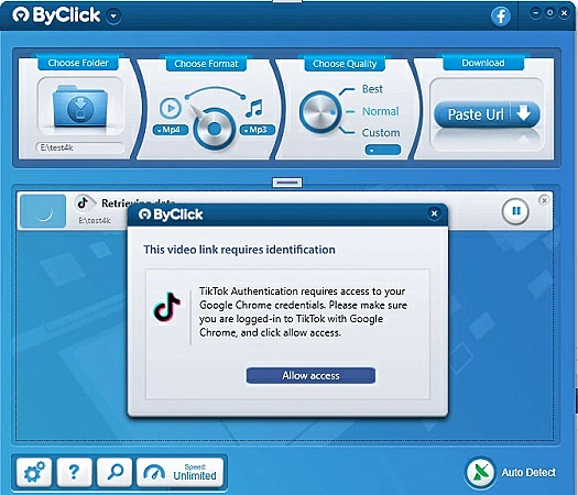 Mensaje de ByClick Downloader para descargar videos de TikTok