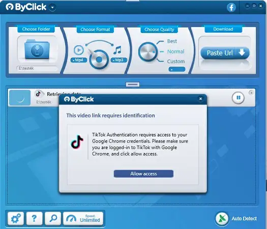 Descargar videos de TikTok Mensaje de ByClick Downloader para descargar videos de TikTok