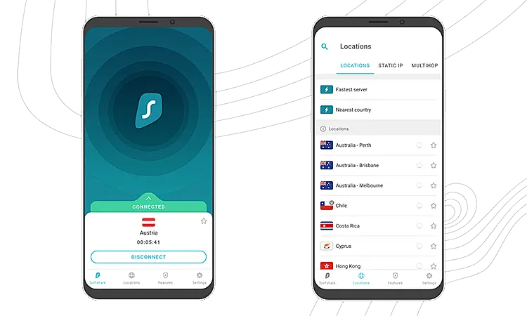 tela de um celular com a VPN aberta escolhendo a localização do endereço de ip para navegação