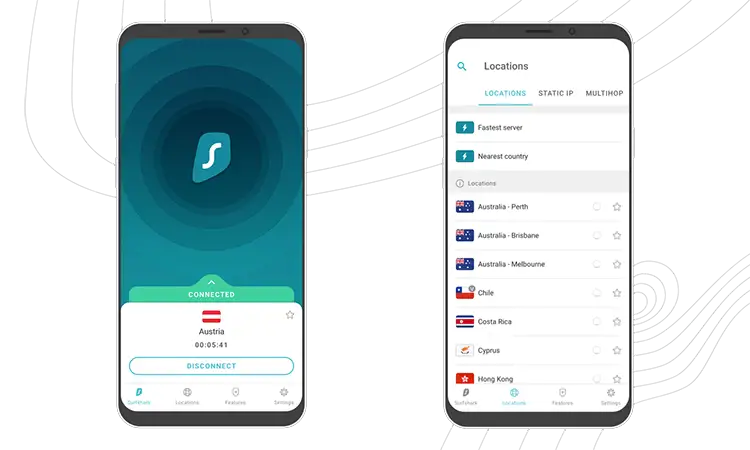 tela de um celular com a VPN aberta escolhendo a localização do endereço de ip para navegação