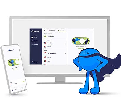 Mascote da Atlas VPN, um personagem redondo com capa ao lado de um celular e computador com a VPN aberta
