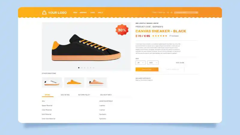 Arte de uma página de site com um produto e descrição