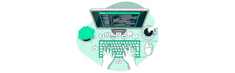 Ilustração de mãos digitando em um teclado ao lado de sinais usados na programação