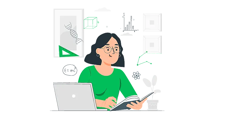 Imagem vetorizada de uma mulher estudando desenvolvimento pessoal