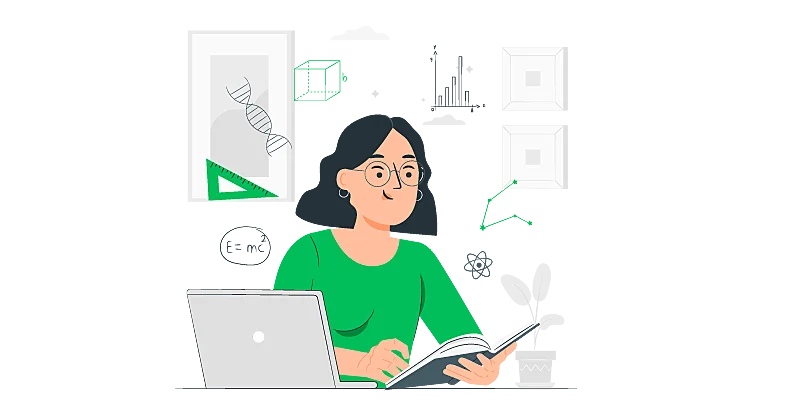 Imagem vetorizada de uma mulher estudando desenvolvimento pessoal