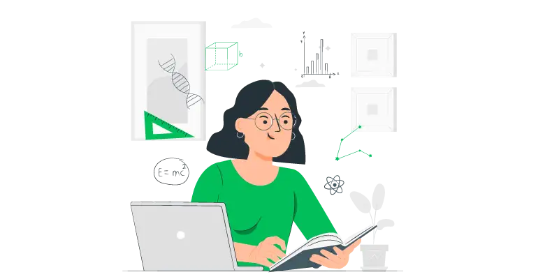 Imagem vetorizada de uma mulher estudando desenvolvimento pessoal