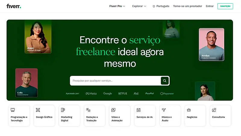 captura de tela que mostra a página inicial da Fiverr