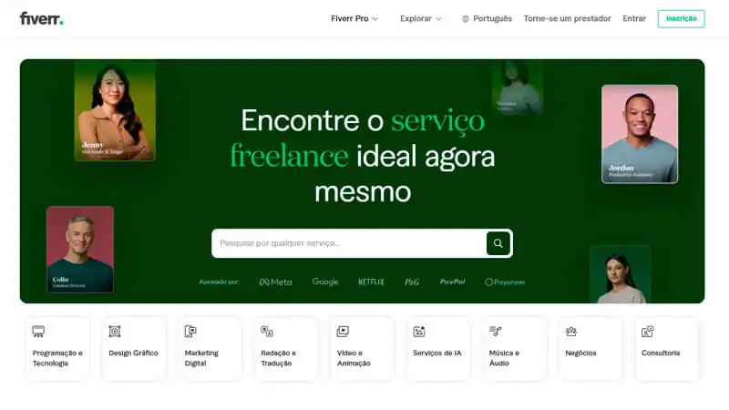captura de tela que mostra a página inicial da Fiverr