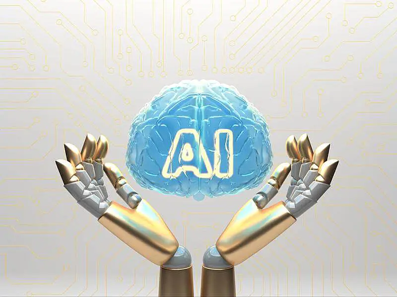 The image showa robot hands holdin a brain where its written AI.