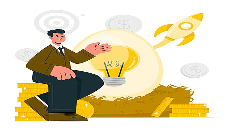 arte de um homem sentado em várias moedas e uma lâmpada ao fundo e um foguete voando