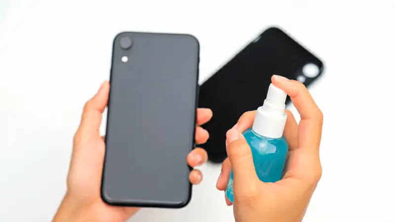 Mão segurando um celular e uma flanela para limpeza