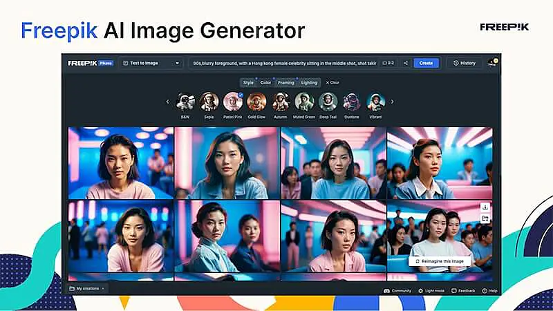 The image shows several images of a woman generated by Freepik AI
