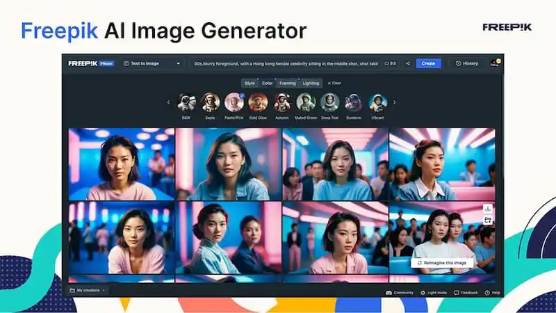 The image shows several images of a woman generated by Freepik AI