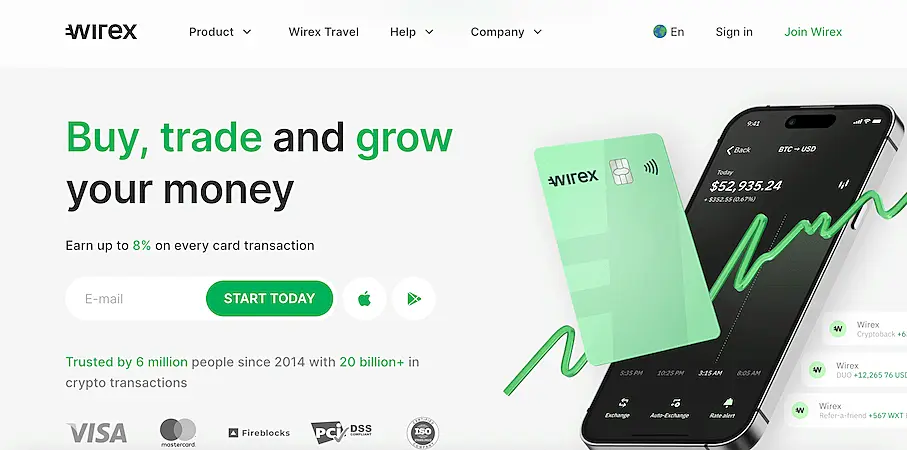 Wirex homepage promoting buy, trade, and grow your money with up to 8% rewards, featuring a green Wirex card and smartphone app interface