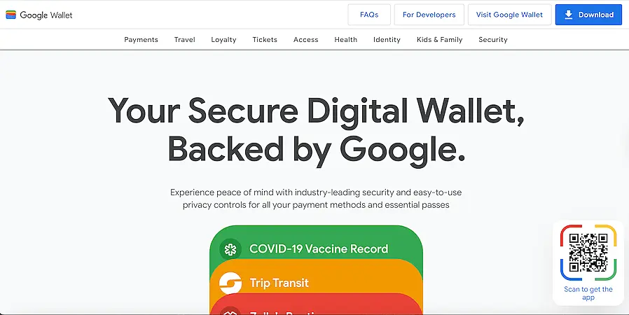 Google Wallet homepage highlighting security features, digital passes like vaccine records and transit cards, and a QR code to download the app.