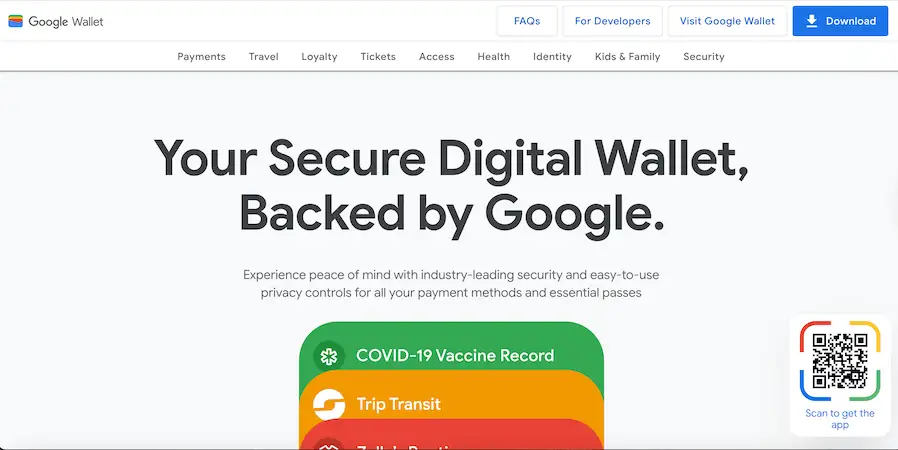 Google Wallet homepage highlighting security features, digital passes like vaccine records and transit cards, and a QR code to download the app.