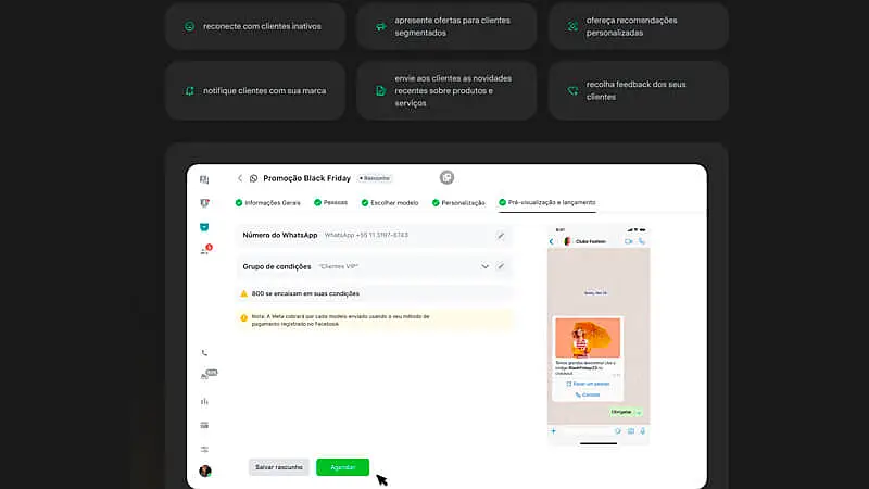 captura de tela mostrando alguns dos principais recursos disponíveis na Integração do jivoChat com o WhatsApp