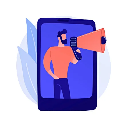 imagem de um homem segurando um megafone dentro de um celular gigante