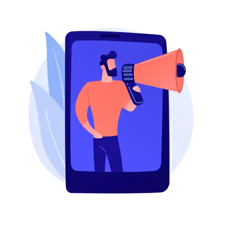 Ferramentas de disparo em massa no WhatsApp imagem de um homem segurando um megafone dentro de um celular gigante