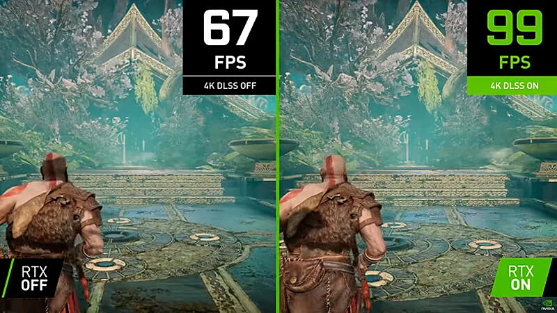 imagem que mostra um comparativo da taxa de quadros do jogo God of War com a função DLSS ligada e desligada