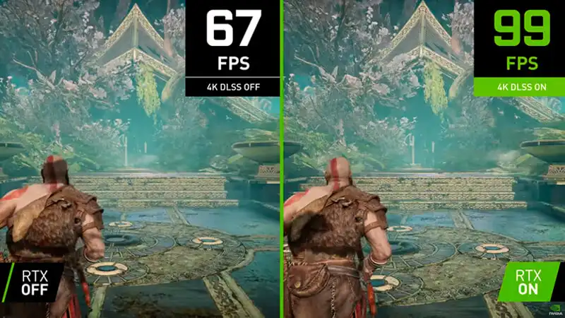imagem que mostra um comparativo da taxa de quadros do jogo God of War com a função DLSS ligada e desligada
