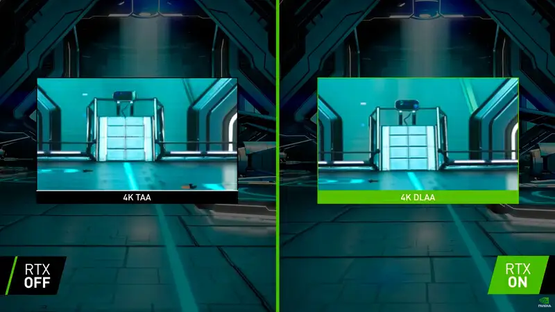 imagem que mostra um comparativo do jogo No Mans Sky com a função DLAA ligada e desligada