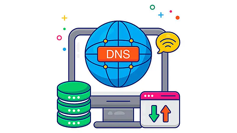 Ilustração de um notebook e um servidor DNS e setas conectando