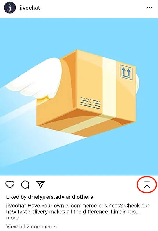 The image shows a JivoChat post on instagram, and on the right side of the image it's possible to see the bookmark feature