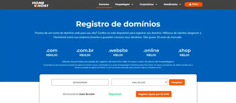 captura de tela da tela de busca para registrar domínio grátis no site homehost