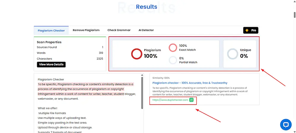 The image shows Duplicker plagiarism checker results for a text. The results are highlighted.