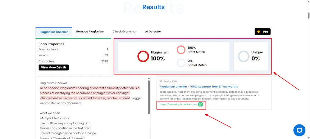 The image shows Duplicker plagiarism checker results for a text. The results are highlighted.