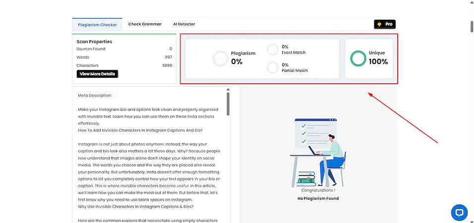 DupliChecker review interface showing the scan properties, and the plagiarism results.
