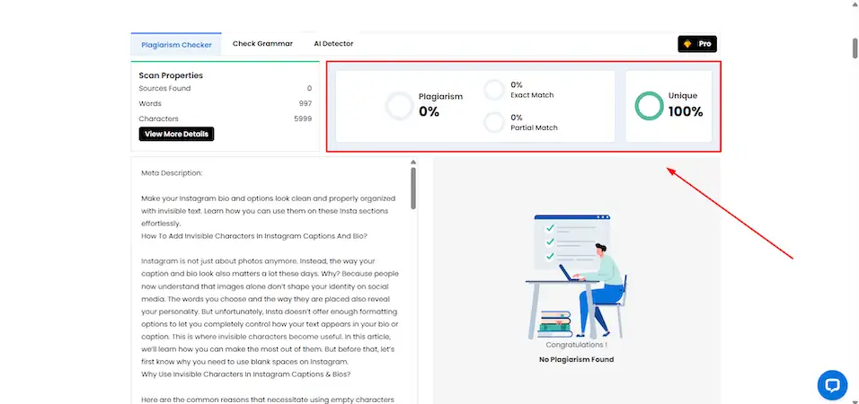 DupliChecker review interface showing the scan properties, and the plagiarism results.