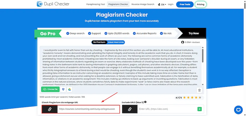 DuplyChecker plagiarism checker interface showing a text and highlighting its URL.