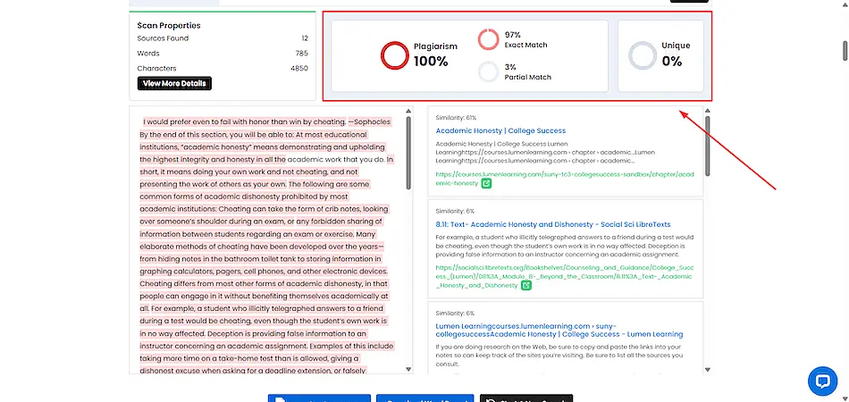 DupliChecker plagiarism checker results